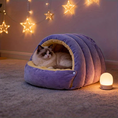 Cozy Cat Cave Bed – Warm Covered Pet Nest for Cats & Small Dogs