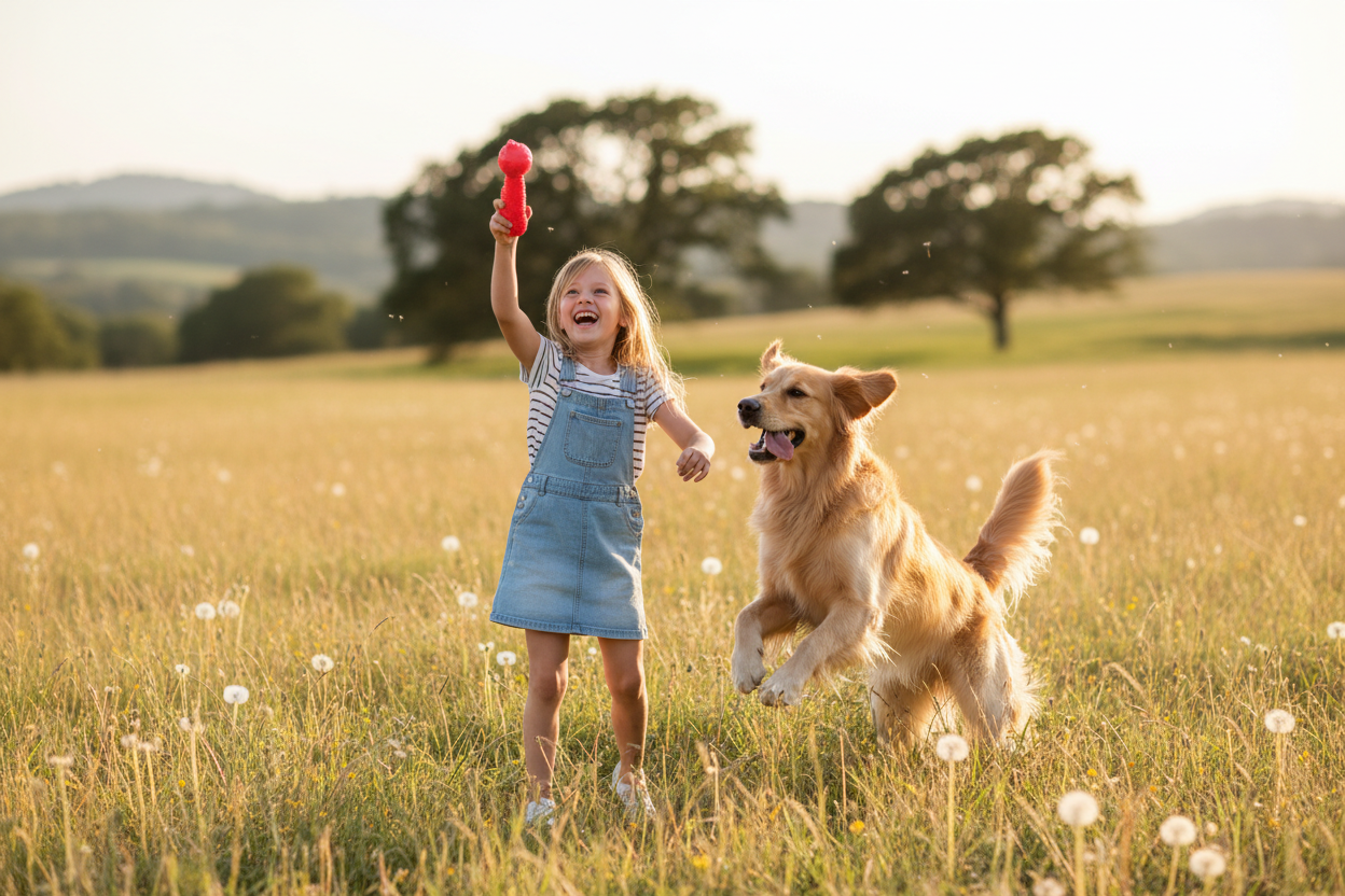 a young girl playing with dog