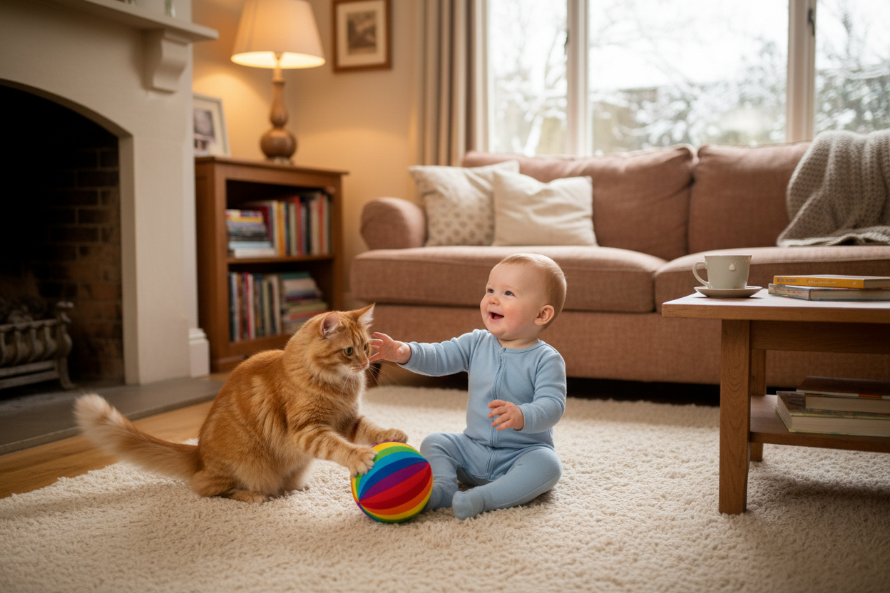 baby, and cat playing with toy with living room