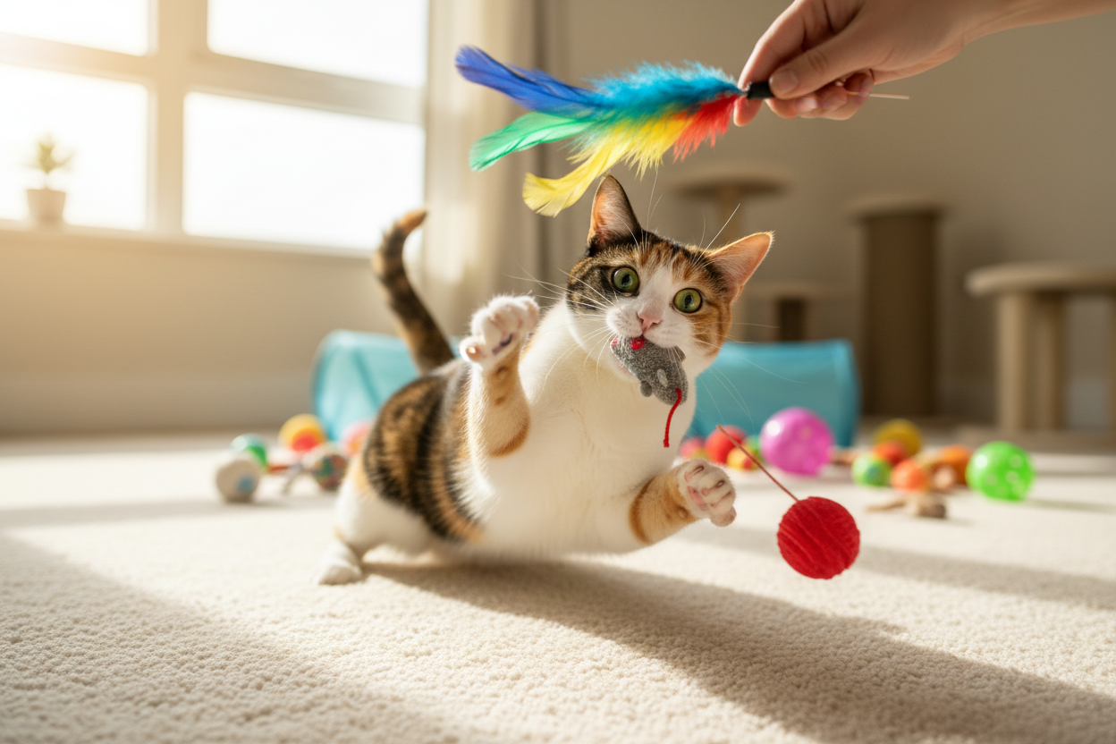 playing cat with toys